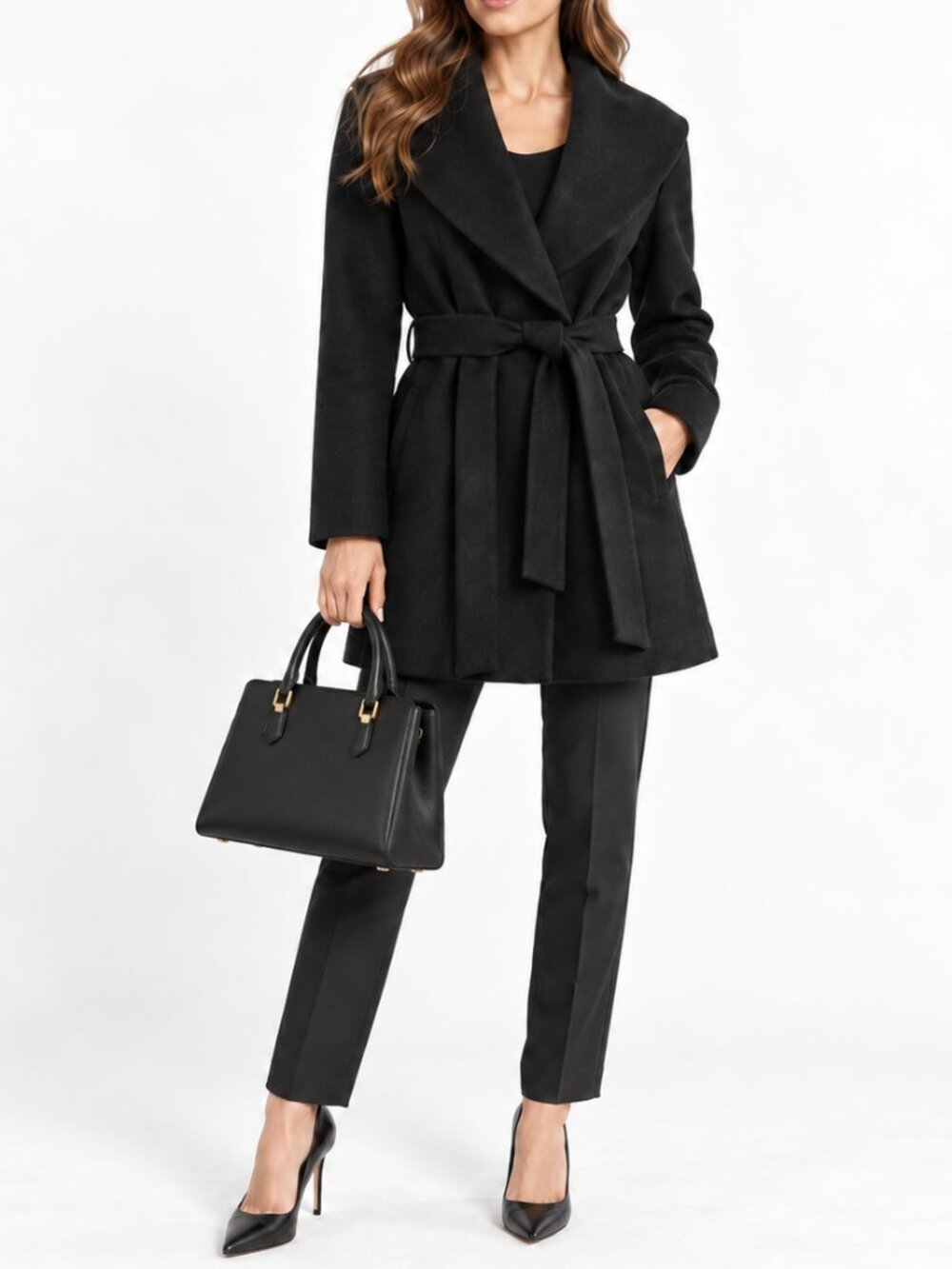 Calvin Klein Black Wool Blend Women's Pea Coat Lined Tie Waist Winter (Size S)